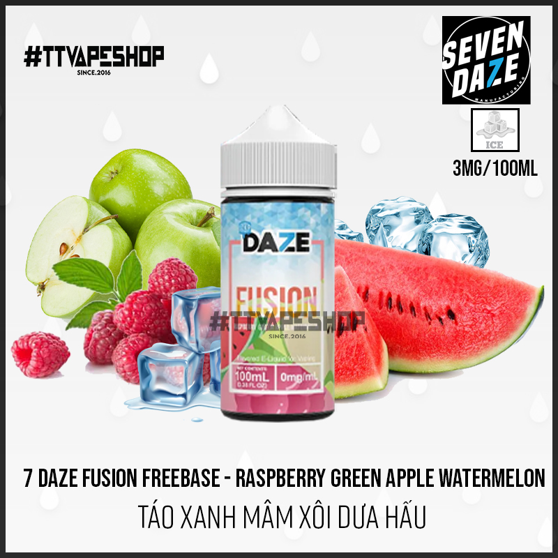 7 Daze Fusion 3-6mg/100ml Raspberry Green Apple Watermelon - Táo Xanh Mâm Xôi Dưa Hấu