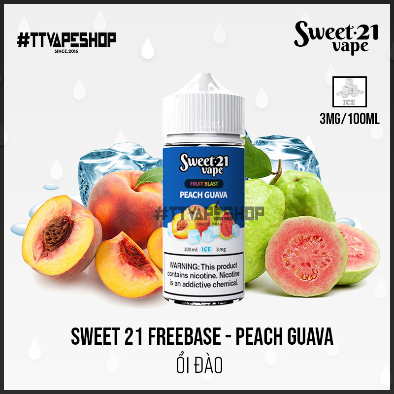 Sweet 21 Freebase 3-6mg/100ml - Peach Guava - Ổi Đào